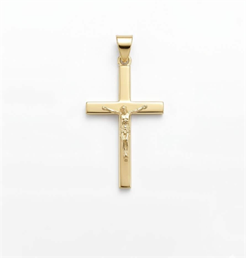 Bredt stolpe kors med Jesus fra BNH i blank 14 karat, Stor – 21,5 x 34 mm